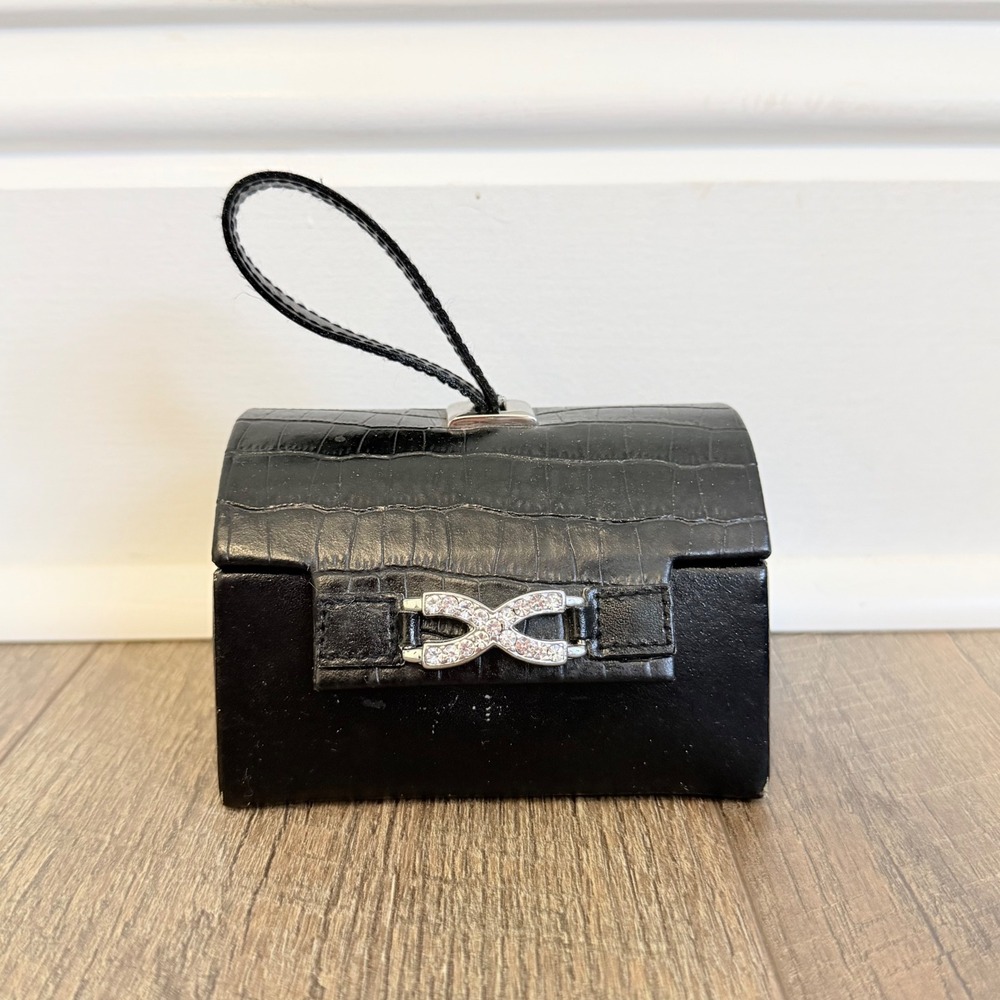 Jewelry Box Travel Case Women OS Black Croc Embossed Rhinestone Buckle Trunk
